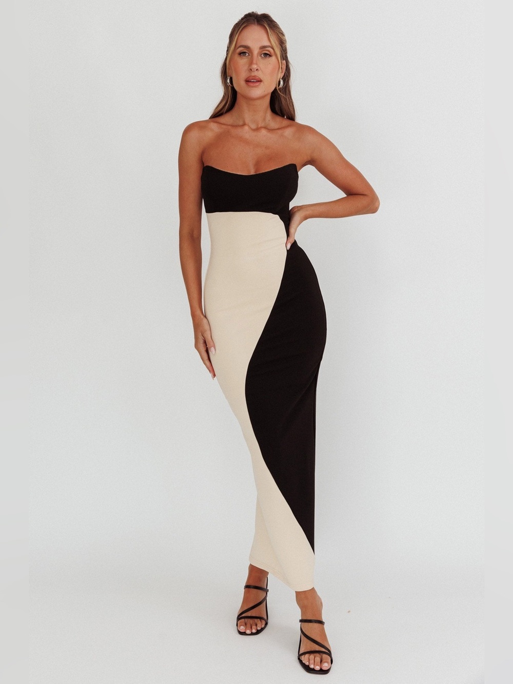 Selfie Leslie Regent Strapless Maxi Dress Black Beige Size M NWT